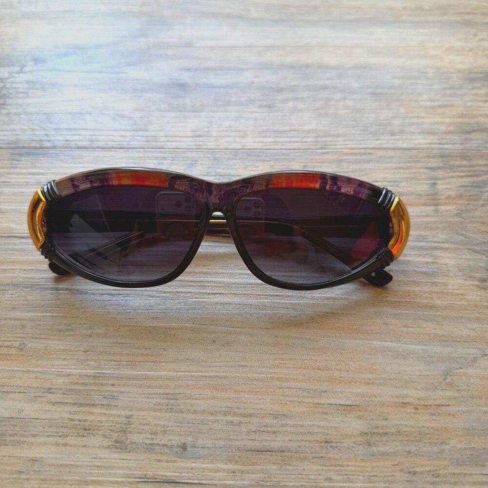 Vintage 80s Sunglasses Black Brown Tortoise Gold Red Accent Retro Glam